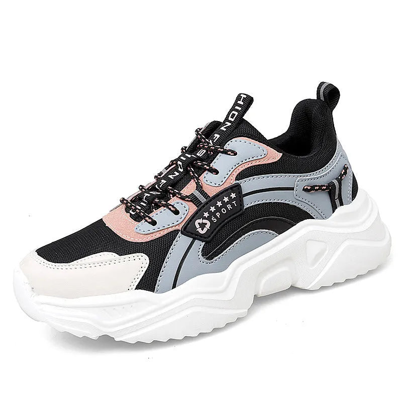 Women's white mesh casual sports shoes with thick sole and buckle detail