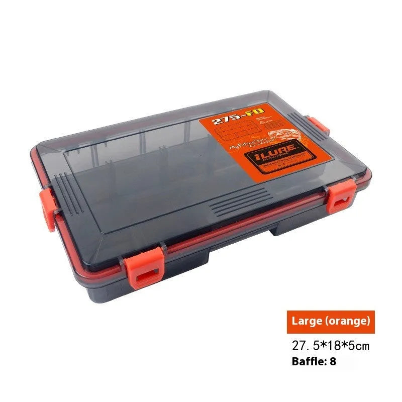 Blue plastic fishing lure storage box with compartments, shown next to a green box of the same design.