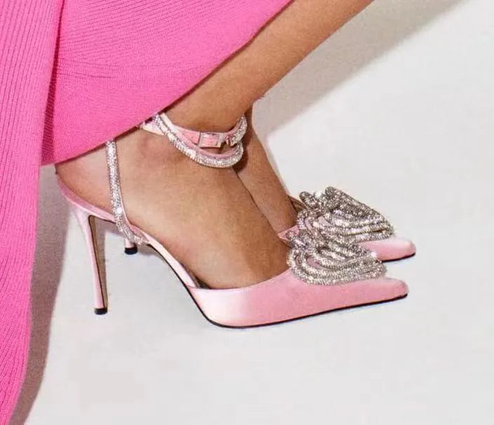 Women's satin sandals with heart rhinestone pointed toe and adjustable cross-belt in three colours