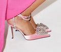 Women's satin sandals with heart rhinestone pointed toe and adjustable cross-belt in three colours