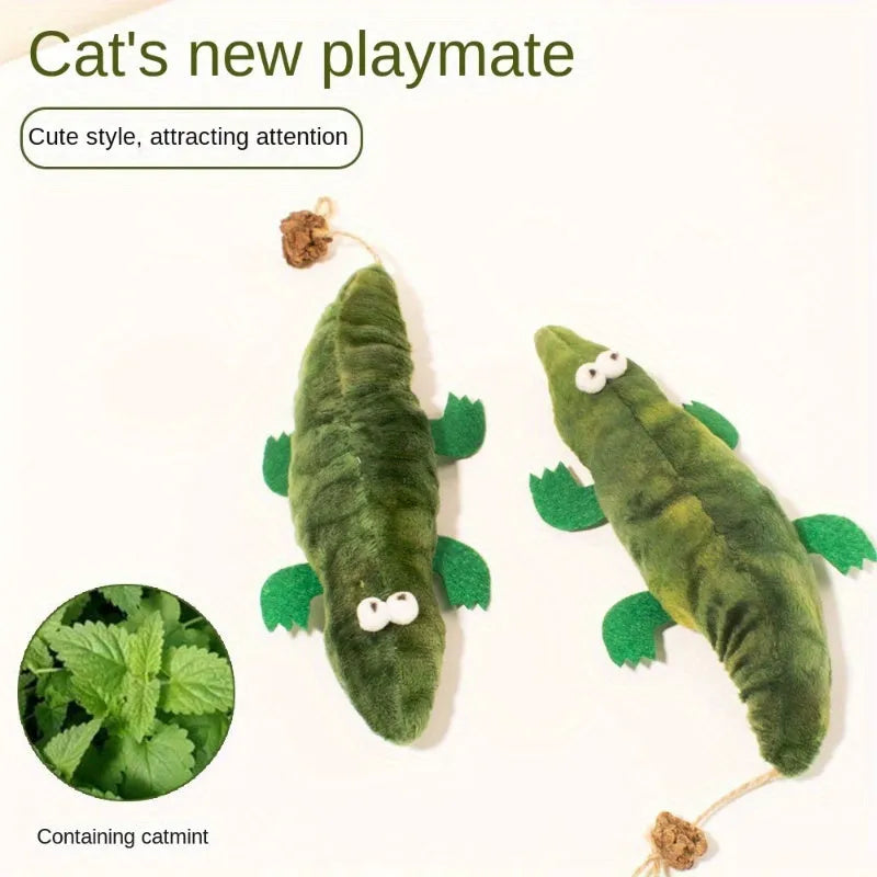 Green plush alligator cat toy with catnip and peppermint scent for oral cleansing and stress relief
