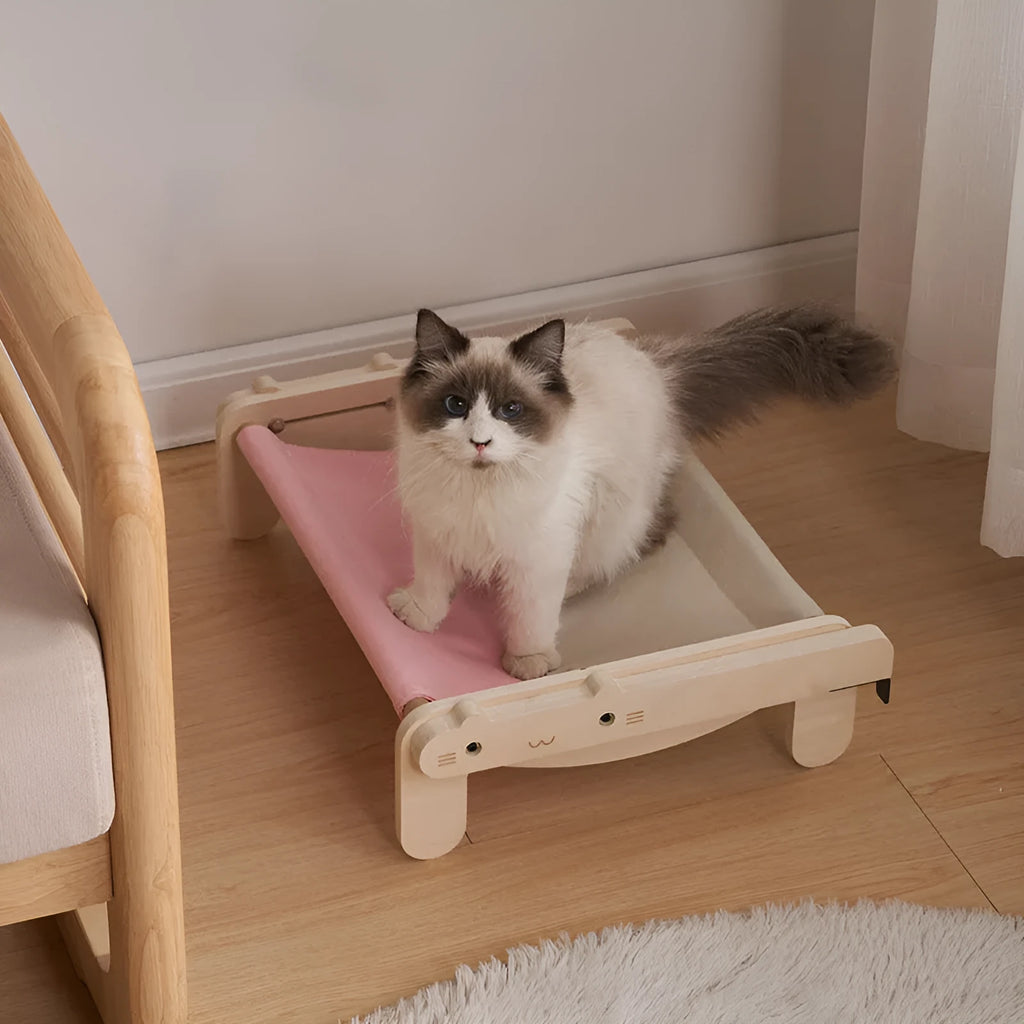 Solid wood pet bed with removable fabric cover in grey blue colour