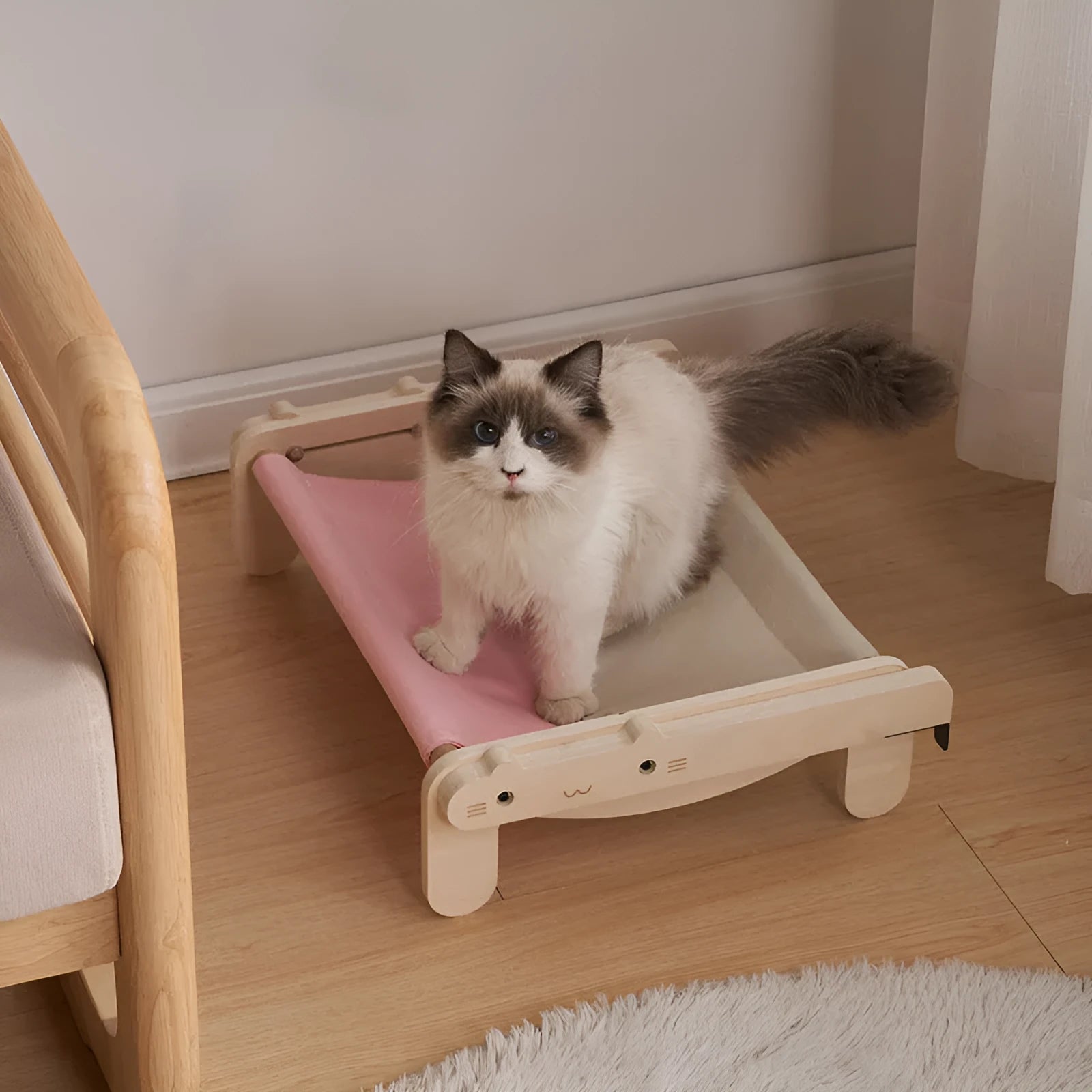 Solid wood pet bed with removable fabric cover in grey blue colour