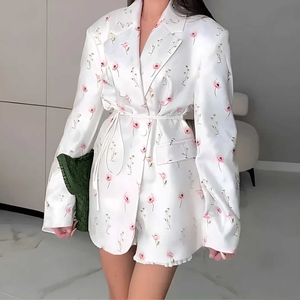Women's collar lace-up waist-tight suit jacket in polyester floral print colours