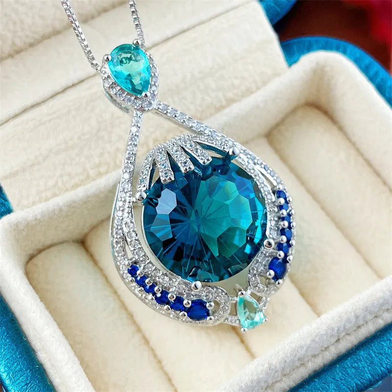 Blue crystal geometric pendant necklace with water wave chain for women