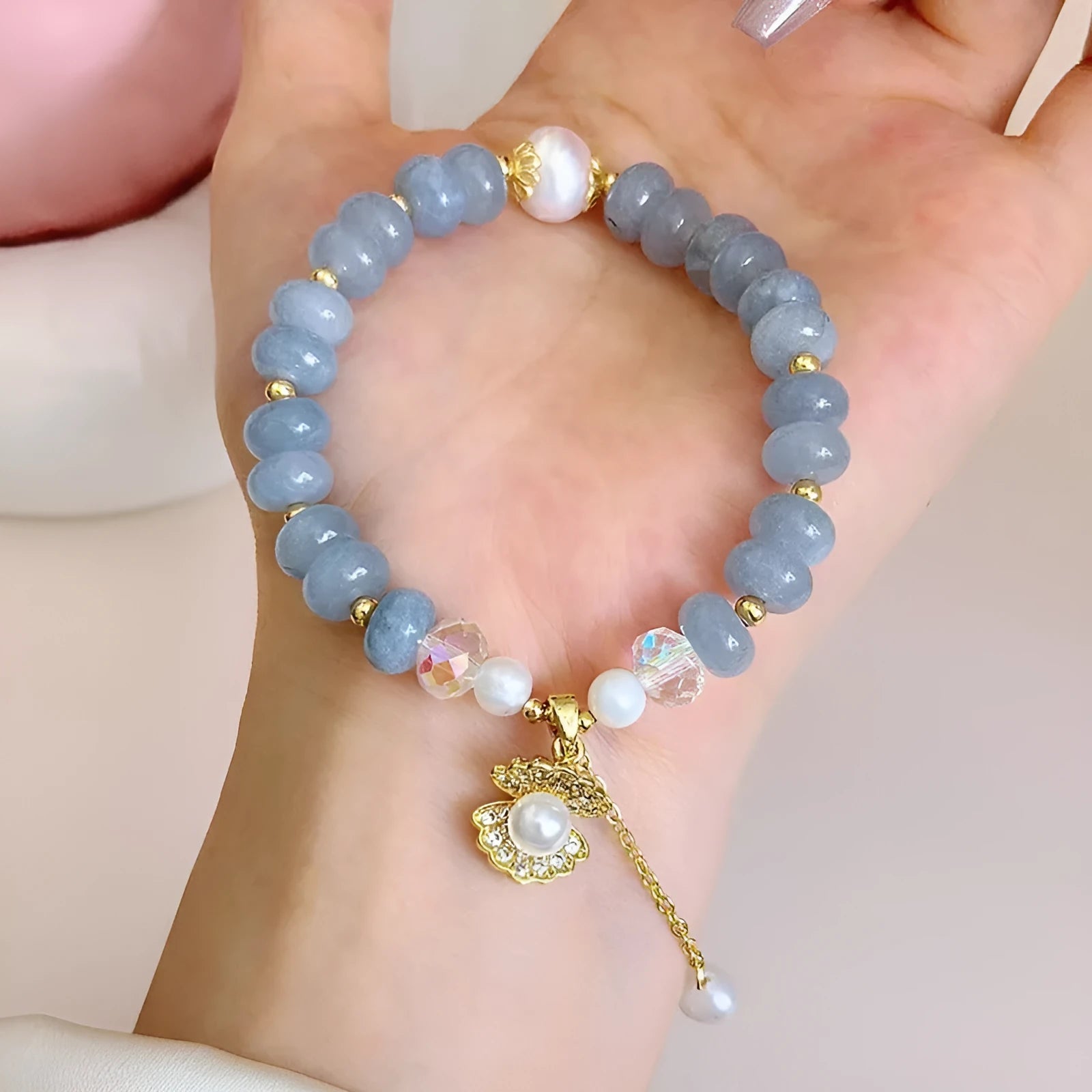 Natural aquamarine pearl healing bracelet with adjustable design for women
