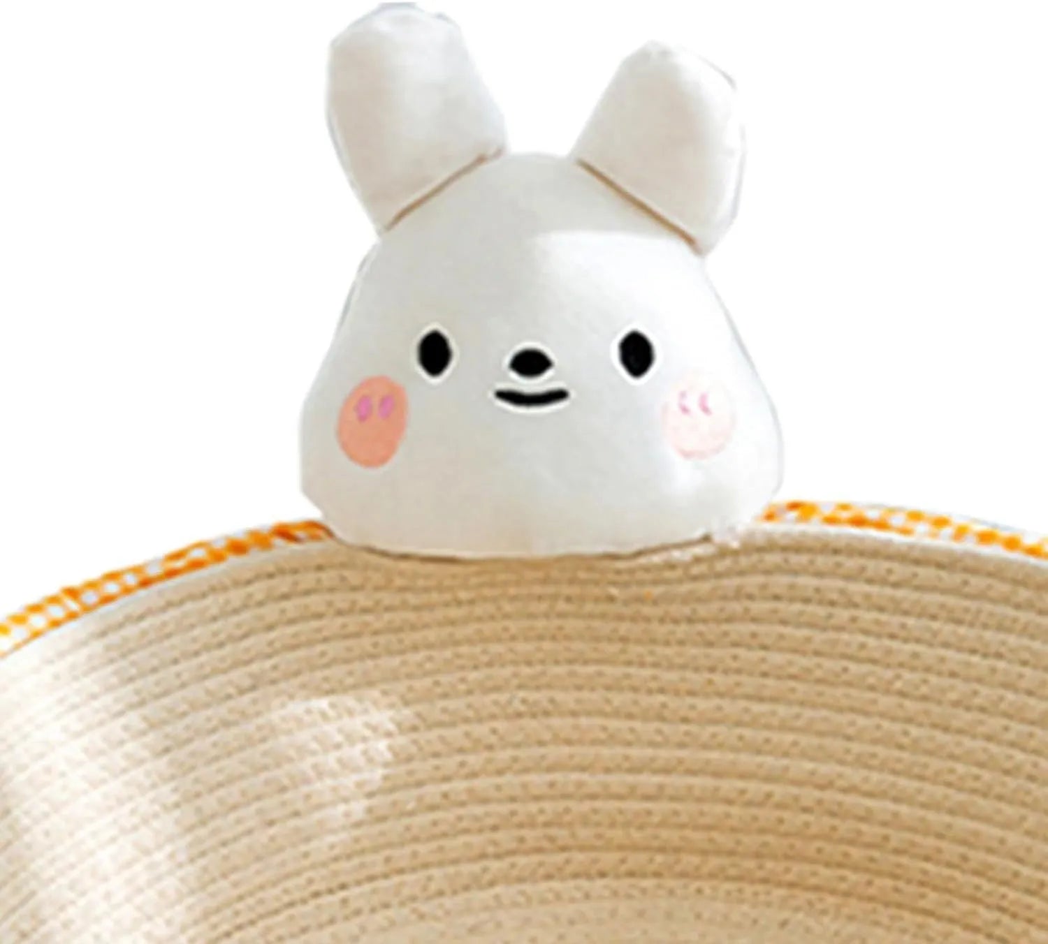 Woven cotton rope cat bed with integrated scratching surface in rabbit motif