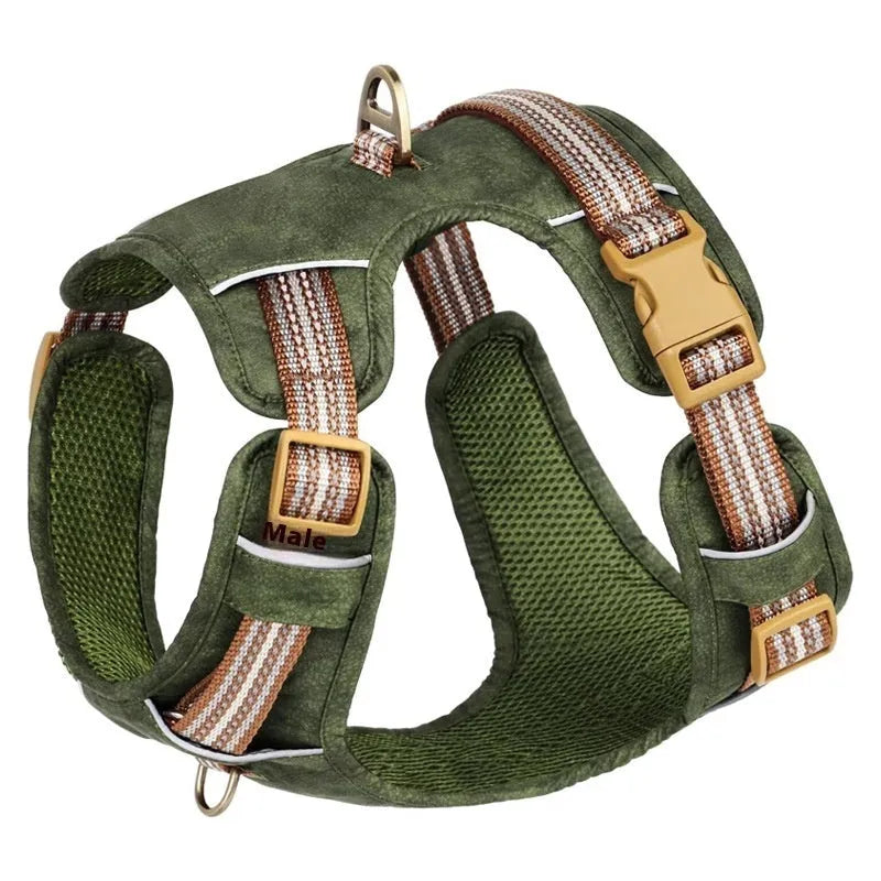 Brown leather dog harness with reflective stitching, adjustable straps, and chest attachment design