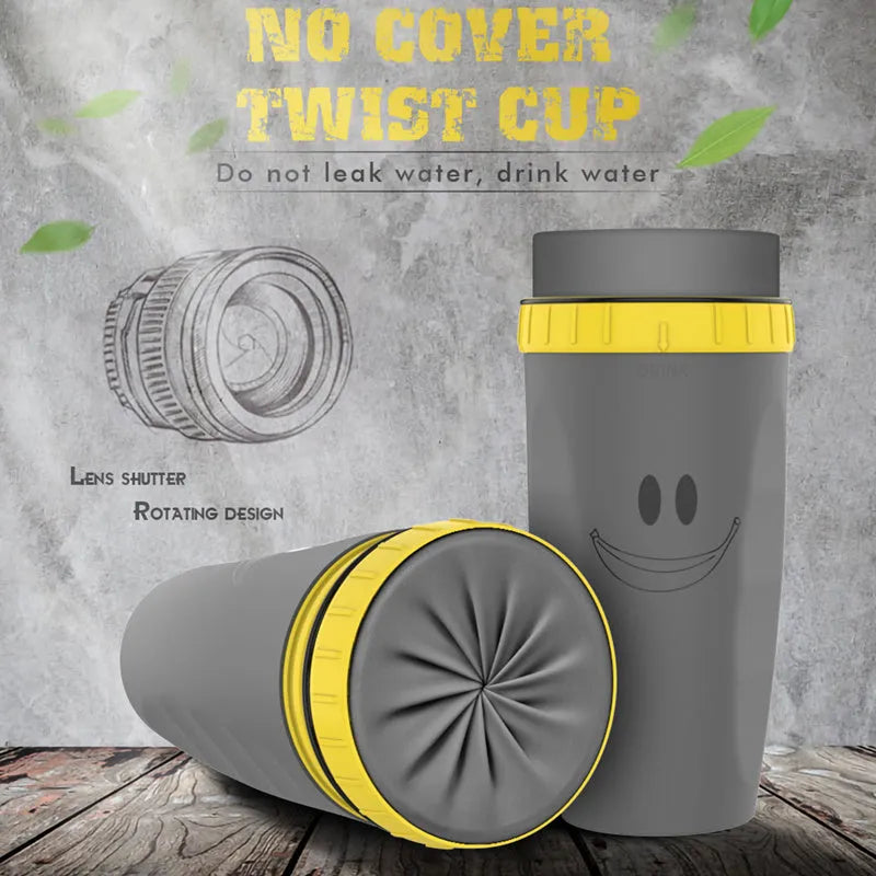 Double wall insulated travel mug with twist top silicone seal showing straw accommodation