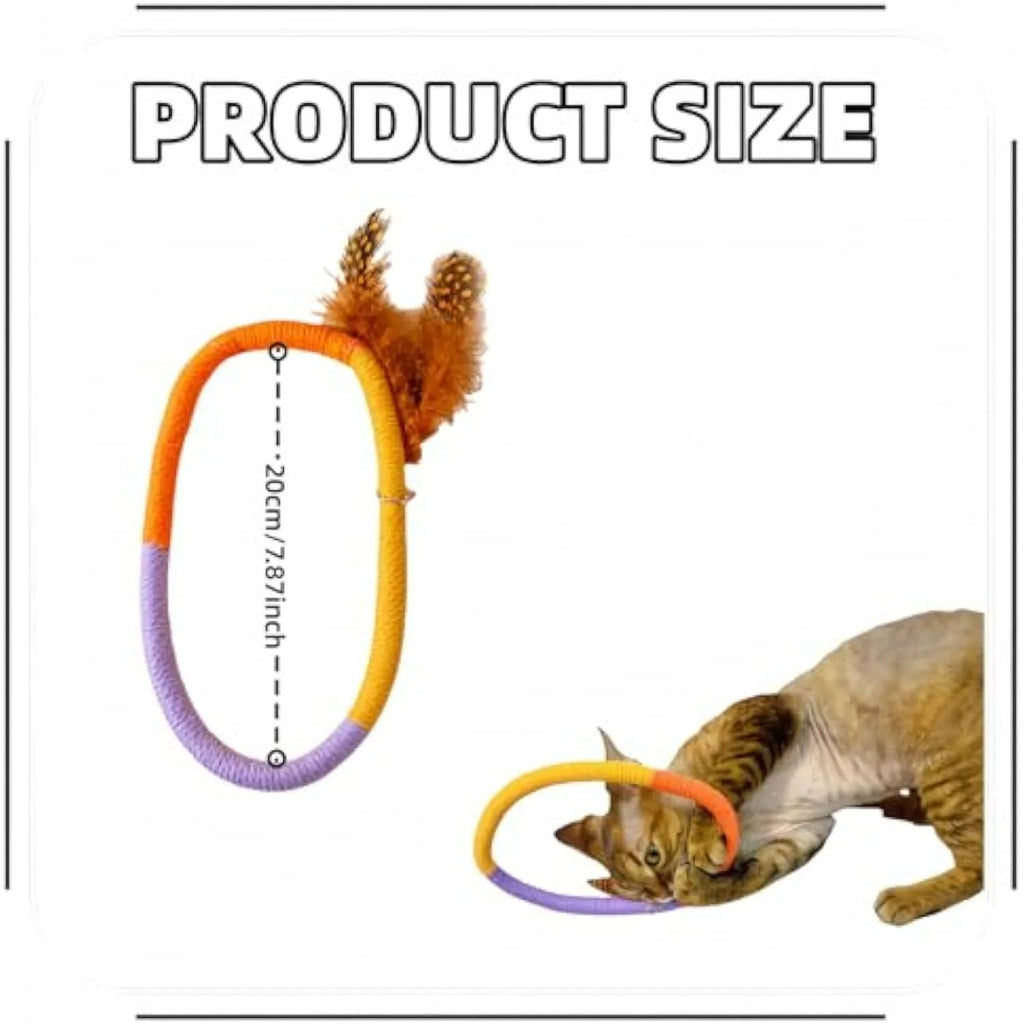 Green cotton rope circular cat toy with feather top for interactive play