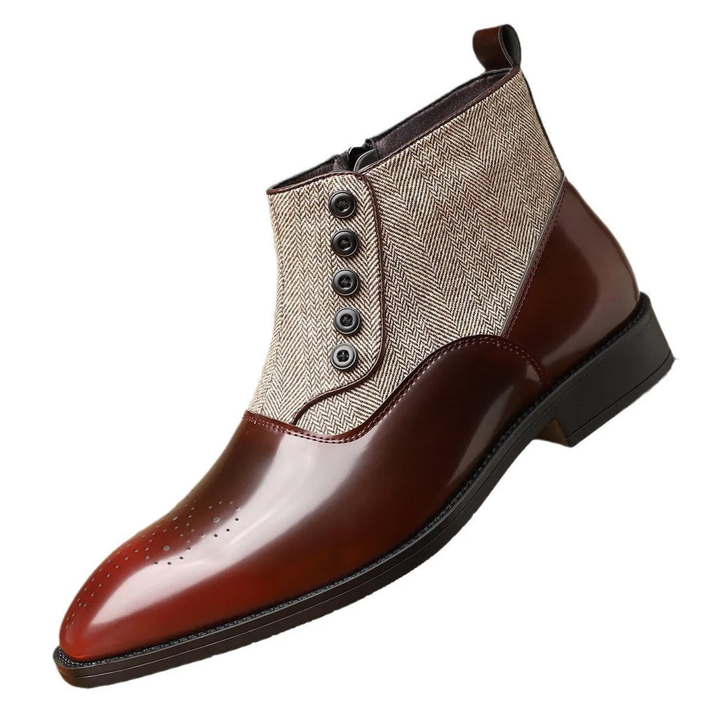 Men's brown retro formal shoes with side zipper and square toe on a plain background.