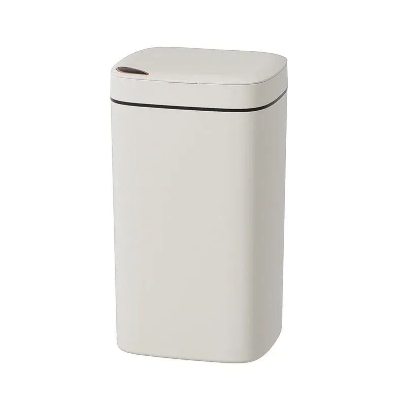 Square automatic sensor garbage bin with induction opening lid in milk white colour.