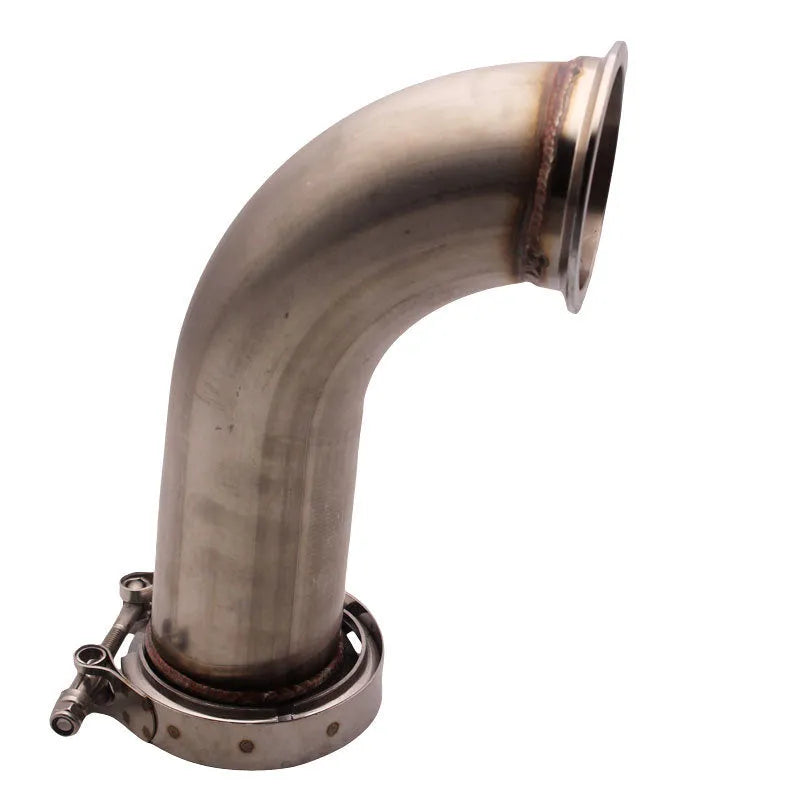 Stainless steel V-clamp downpipe connector for drainage pipe joining.