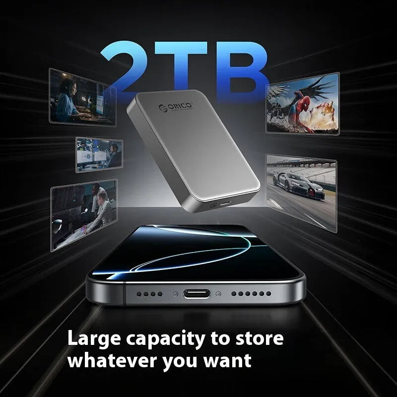 Grey ultra-thin magnetic mobile SSD with C to C cable and magnetic suction ring.
