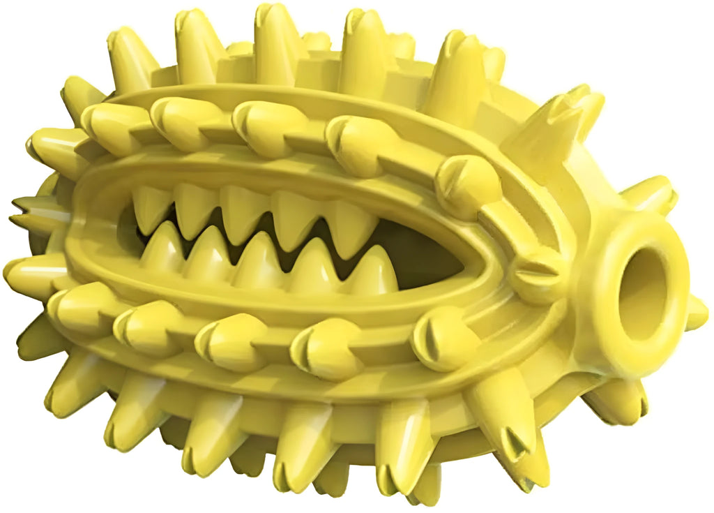 Green or yellow cactus-shaped rubber dog chew toy for dental care, shown with treat channel.