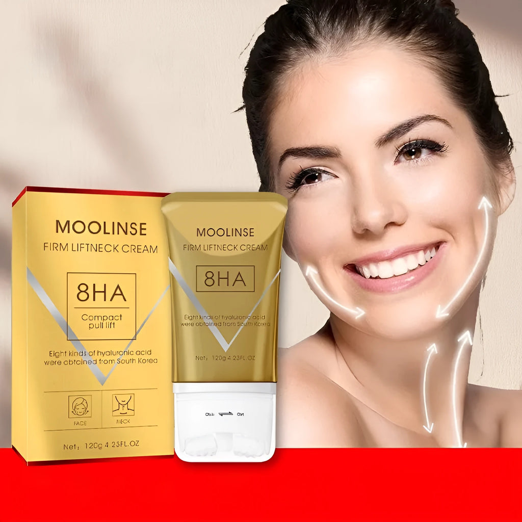 Neck moisturising cream with roller applicator for dry skin treatment in medium sample size packaging
