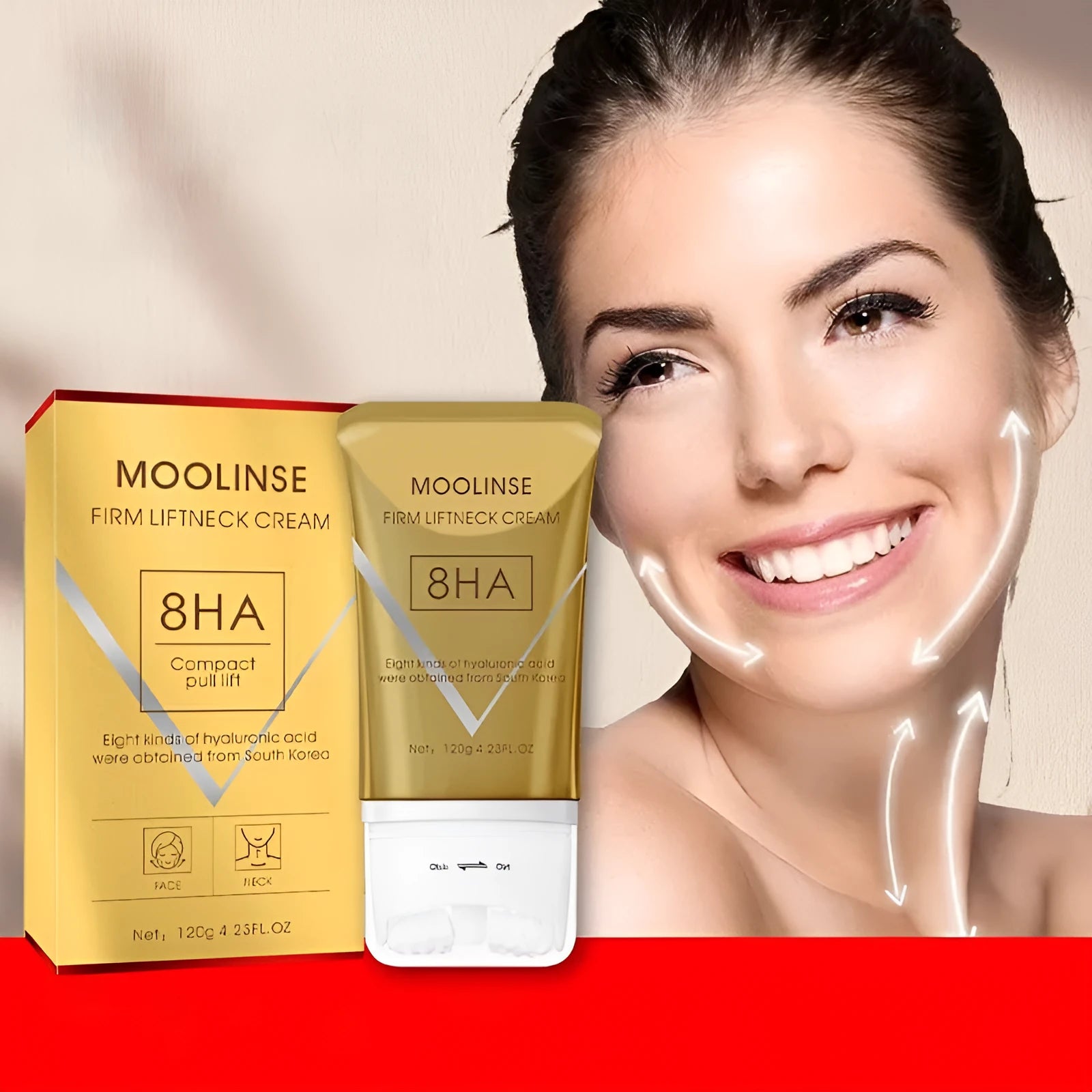 Neck moisturising cream with roller applicator for dry skin treatment in medium sample size packaging