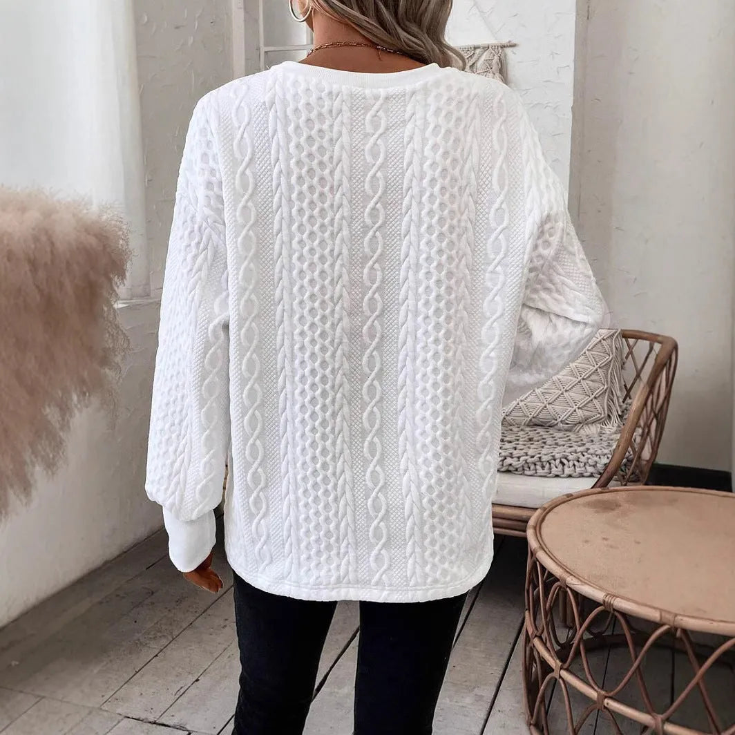 Milky white loose casual long sleeve T-shirt with 3D pattern in Japanese Korean style