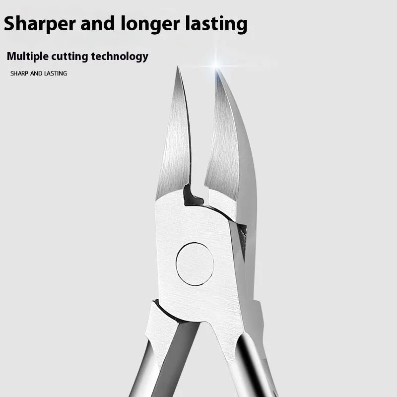 Stainless steel nail clippers with a coloured plastic handle and a dedicated bevel groove for the nail.