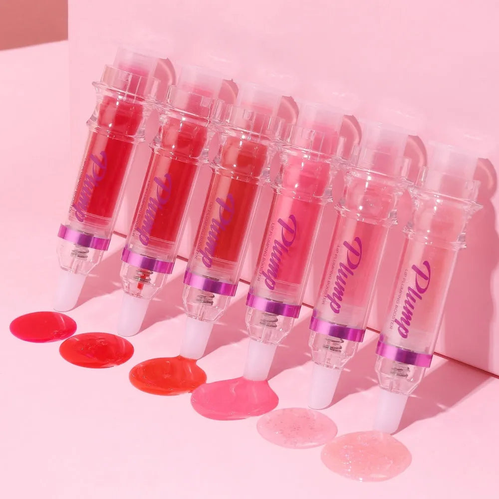 Lip gloss tube with mirror finish showing shiny application on lips
