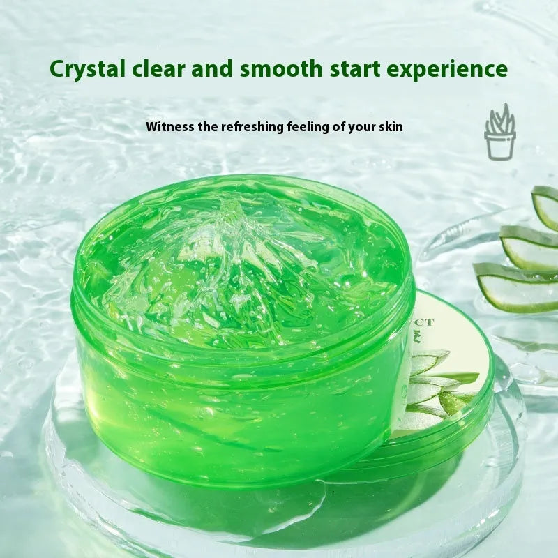 Jar of aloe vera gel for acne control and hydration with a small application spoon on a white background