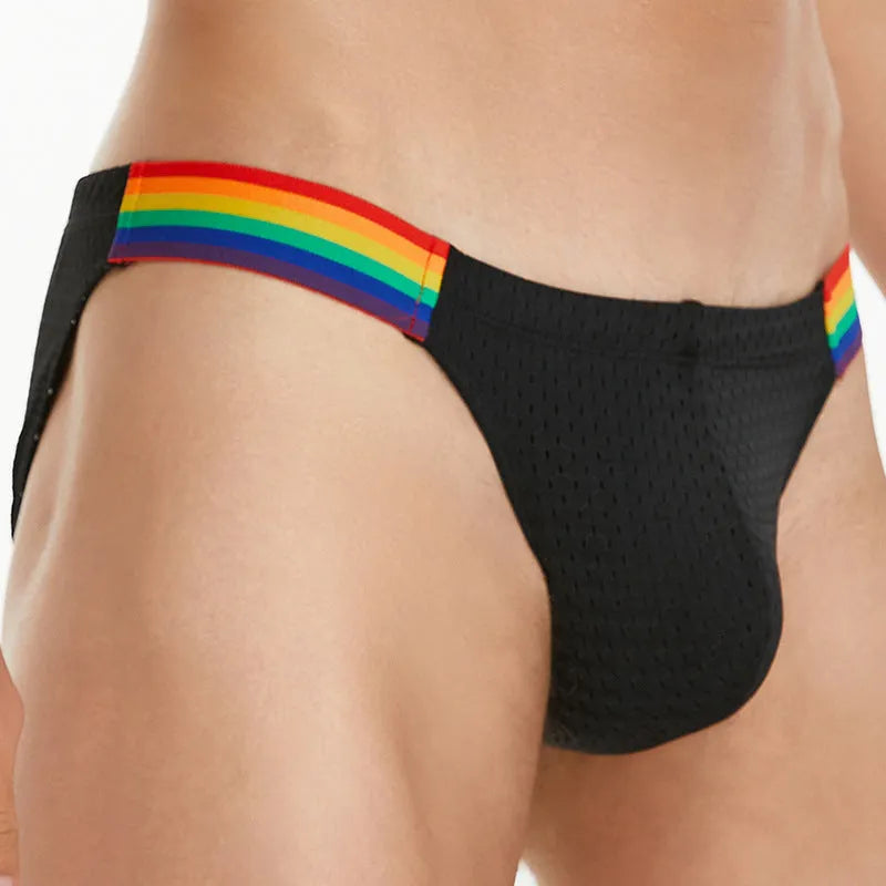 Men's nylon mesh briefs with low waist design and rainbow waistband in black, white, and dark blue colours
