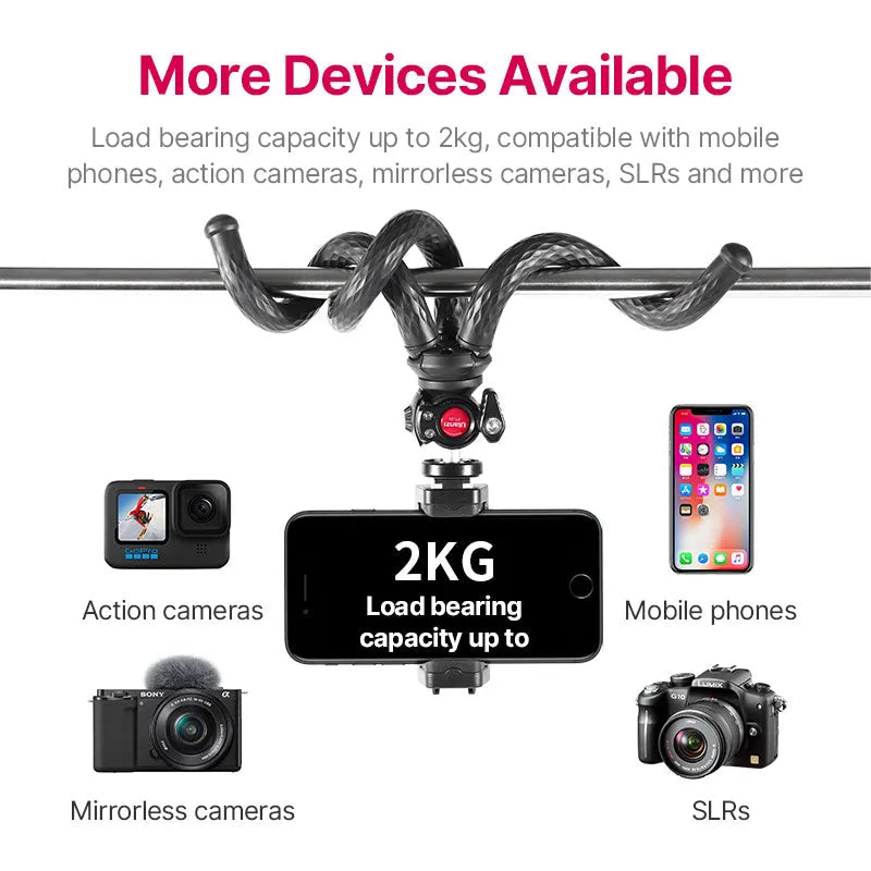 Black octopus-style flexible tripod and phone clip set on a white background.