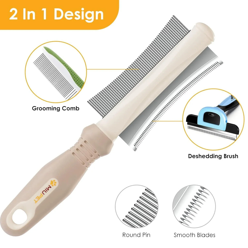 White double-sided pet grooming brush with curved design and comfort-grip handle for dogs and cats