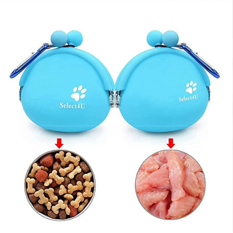Yellow silicone dog training treat pouch with hook and loop closure, shown on a waist belt