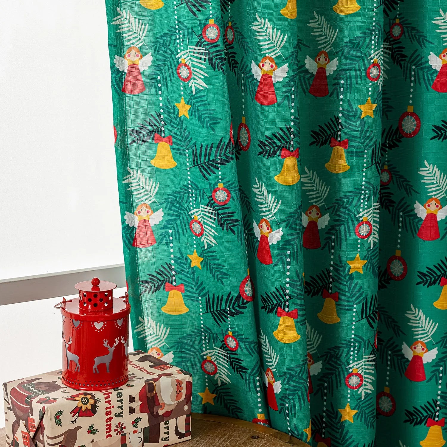 Christmas curtain with snowman and angel print in green colour, 1 metre wide panel