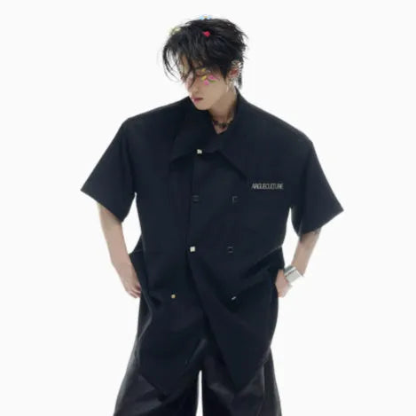 Men's loose fit short-sleeved casual shirt with splicing detail and metal buttons in summer colours