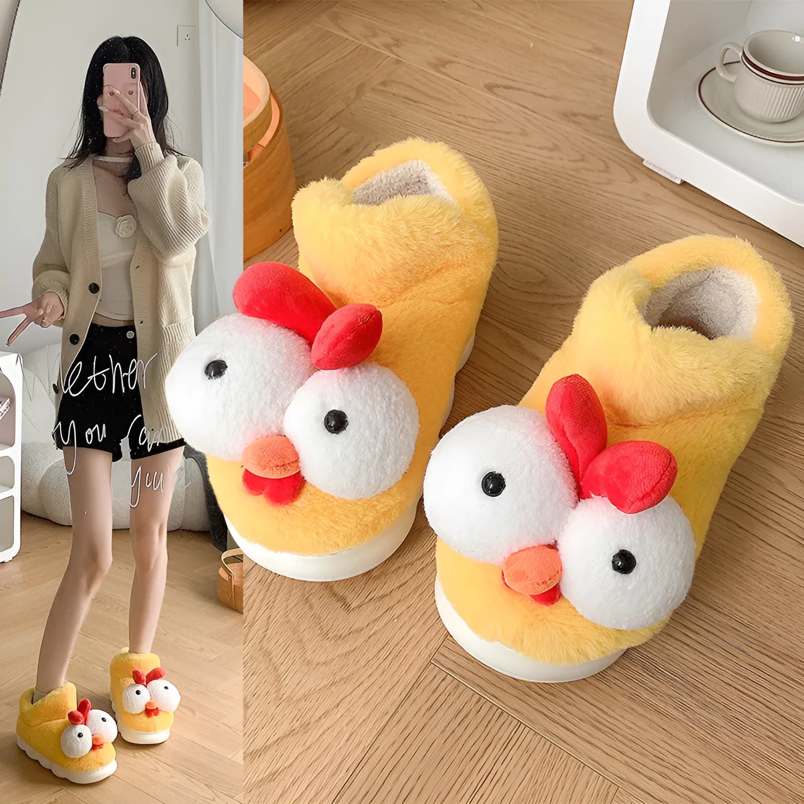 Unisex cute chick cotton slippers in yellow with artificial plush upper, indoor winter wear