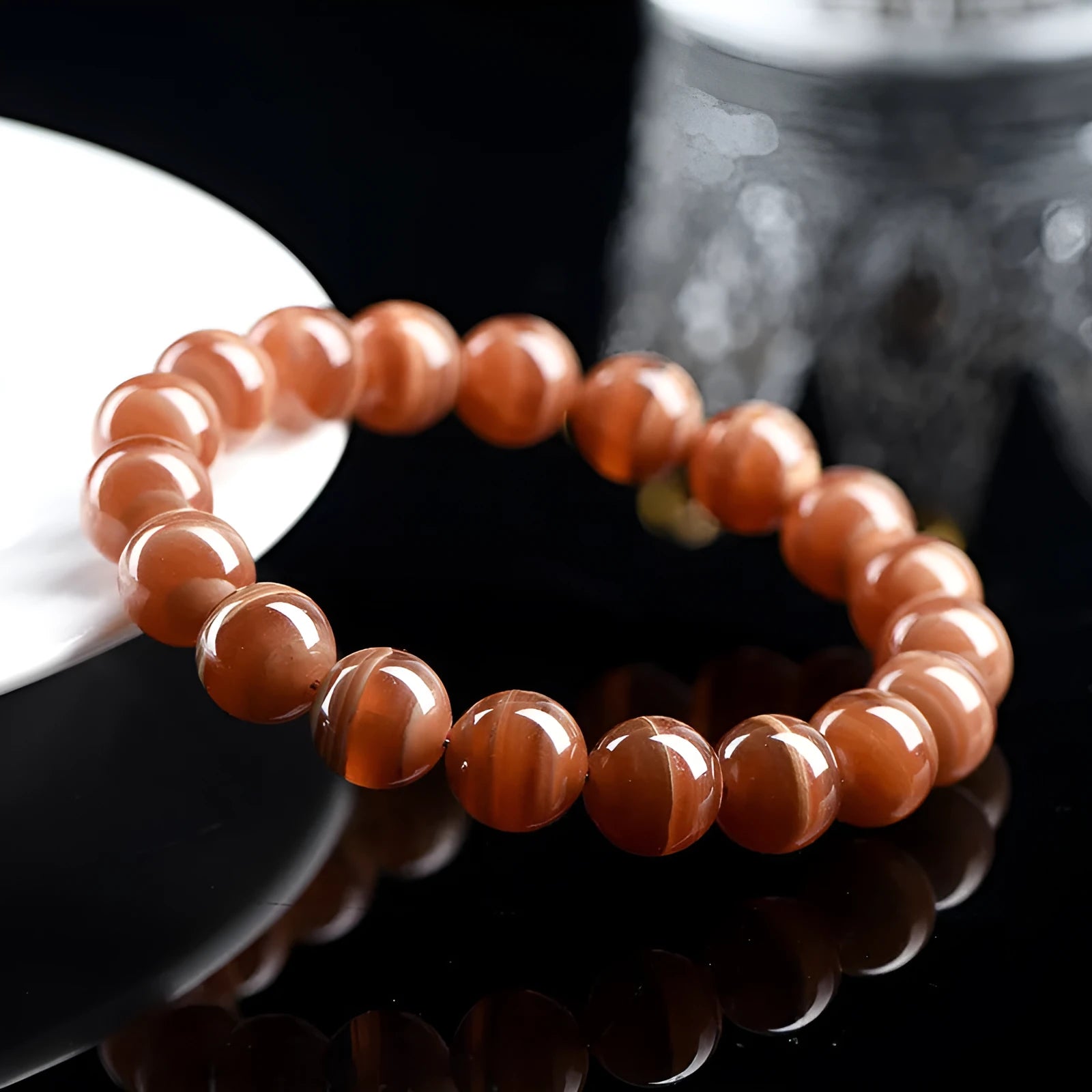 Natural old mine rhodochrosite round beads bracelet with Ruyi elements and geometric design