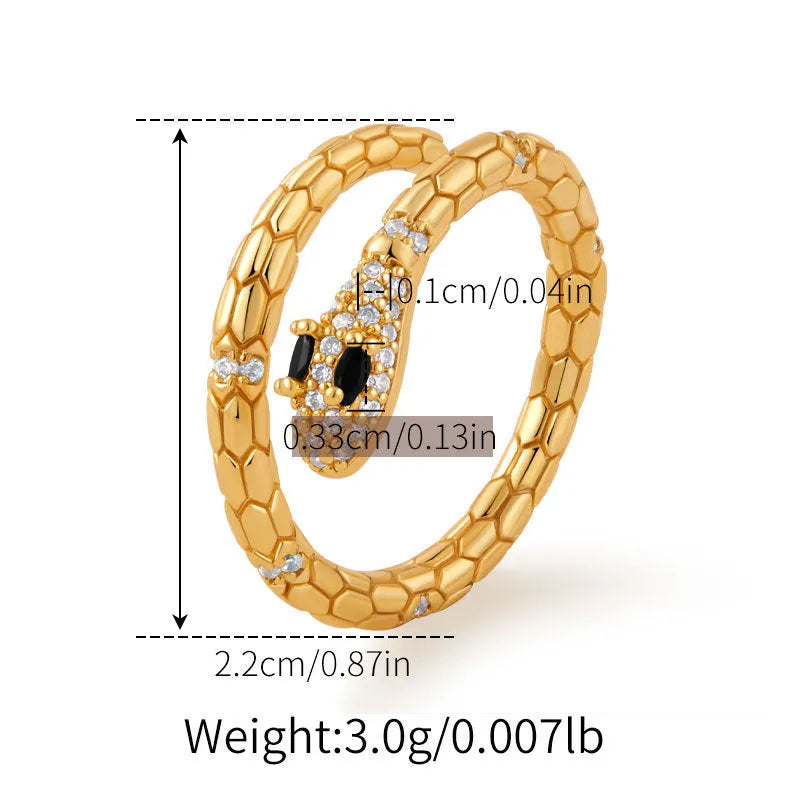 Copper snake ring with adjustable opening and gold colour plating, showing open mouth design