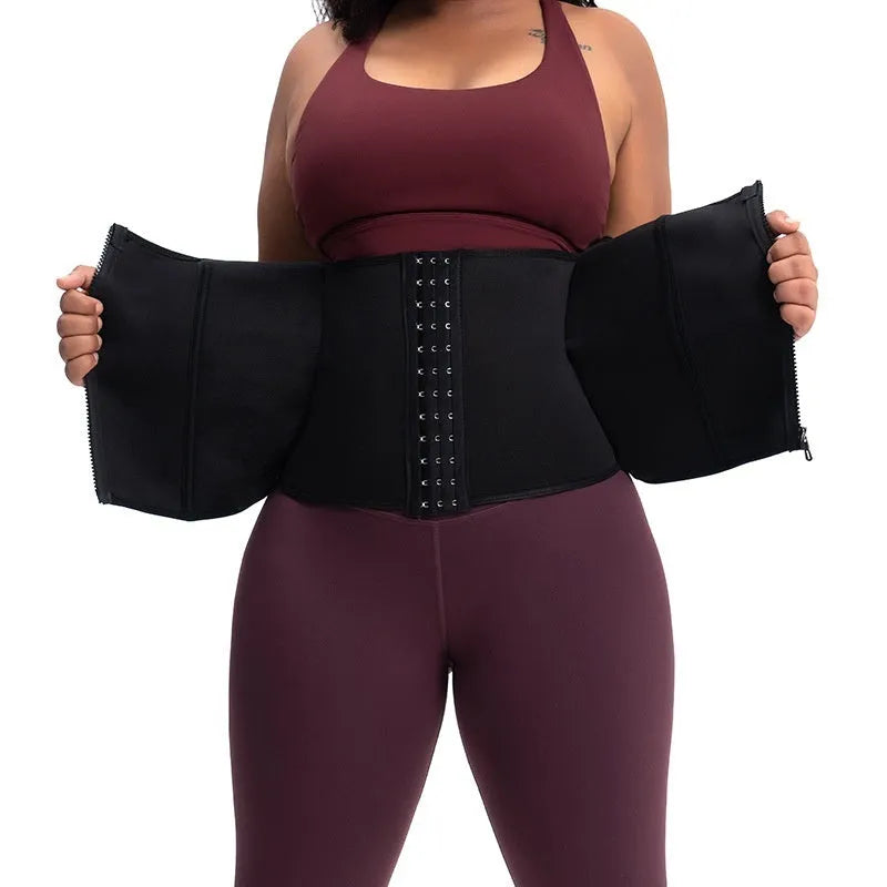 A black neoprene breasted body shaping belly band laid flat, showing its high-waist design.