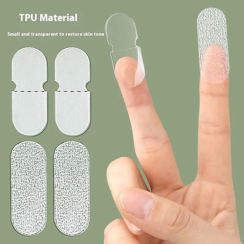 Close-up of transparent and frosted TPU ear patches on backing paper, showing 0.1cm thickness.