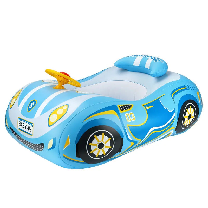 Pink cartoon sports car inflatable swimming ring with steering wheel for children