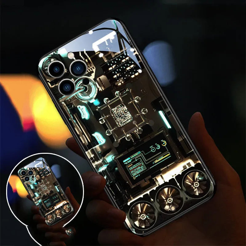 iPhone mobile phone case with illuminated incoming light feature and a transparent toughened glass back.