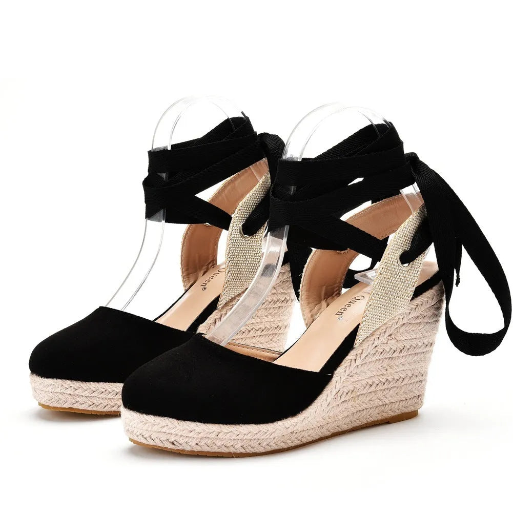 Women's apricot bohemian wedge sandals with tassel beads, buckle strap, and a high platform sole.