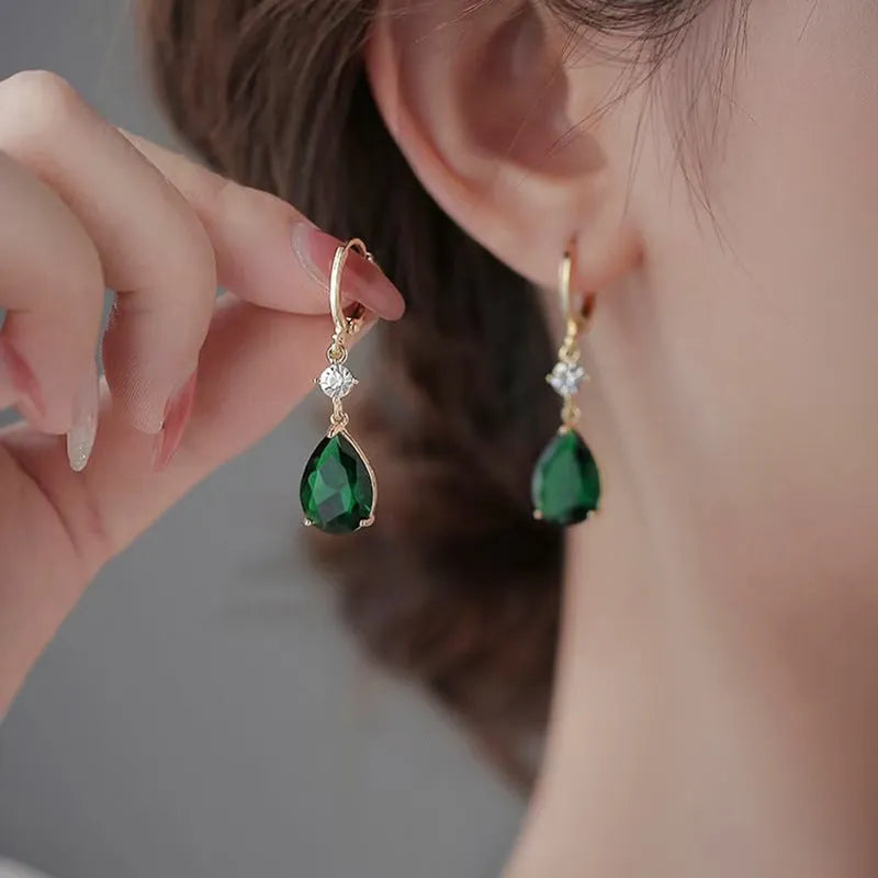 Green geometric teardrop drop earrings with alloy metal construction