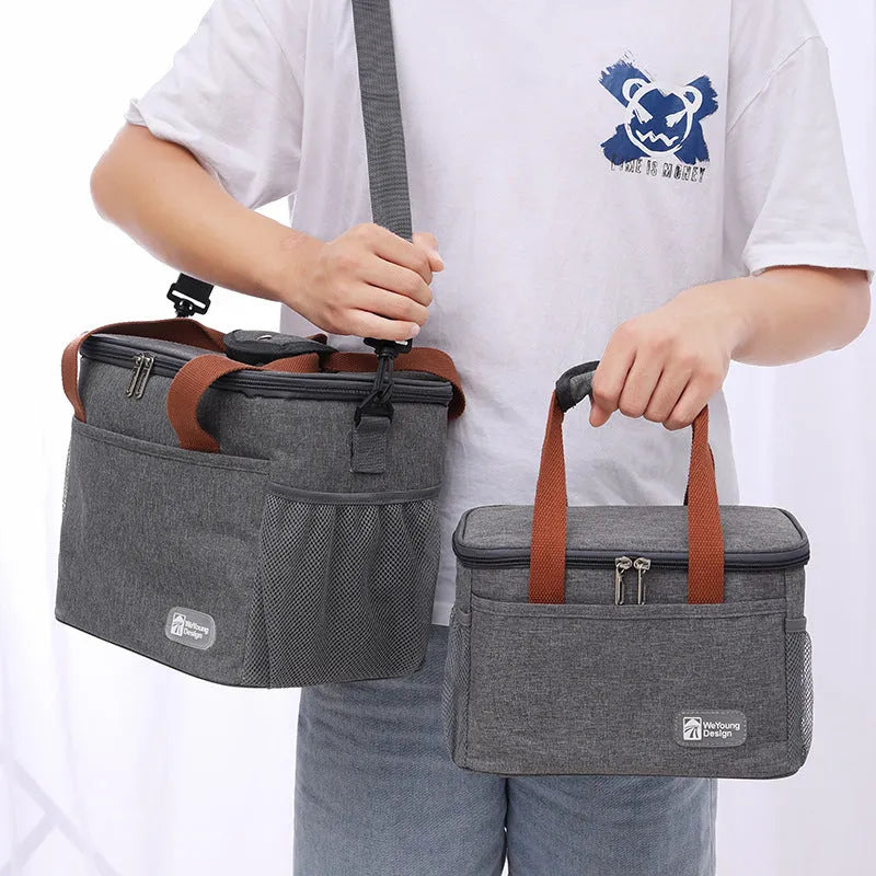 Insulated crossbody picnic bag with shoulder strap in grey colour showing 15 litre capacity