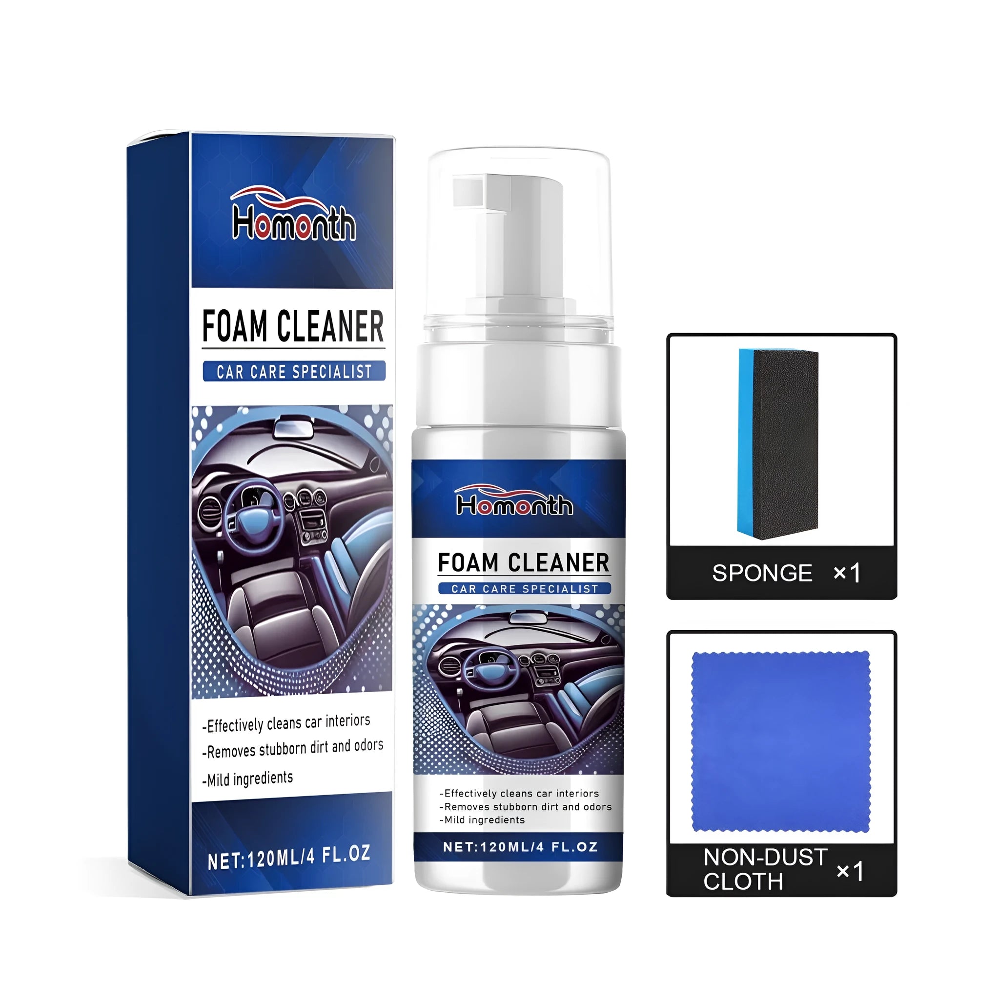 Car interior cleaner spray kit showing 120ml bottle, sponge, and microfibre cloth