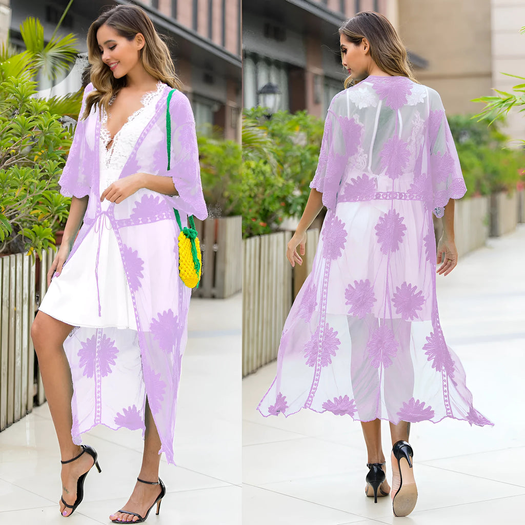 Light purple lace-embroidered beach dress cardigan blouse for women, free size.