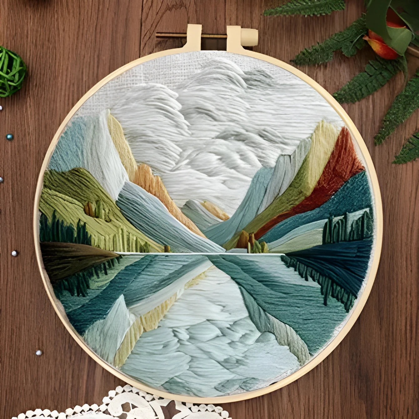 Embroidery DIY kit with 15cm bamboo frame, cotton linen fabric, and landscape design for handmade cloth art