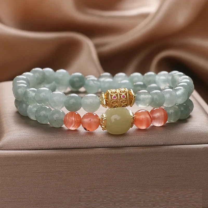 New Chinese style oil green jade and southern red agate beaded bracelet for women, light green round beads