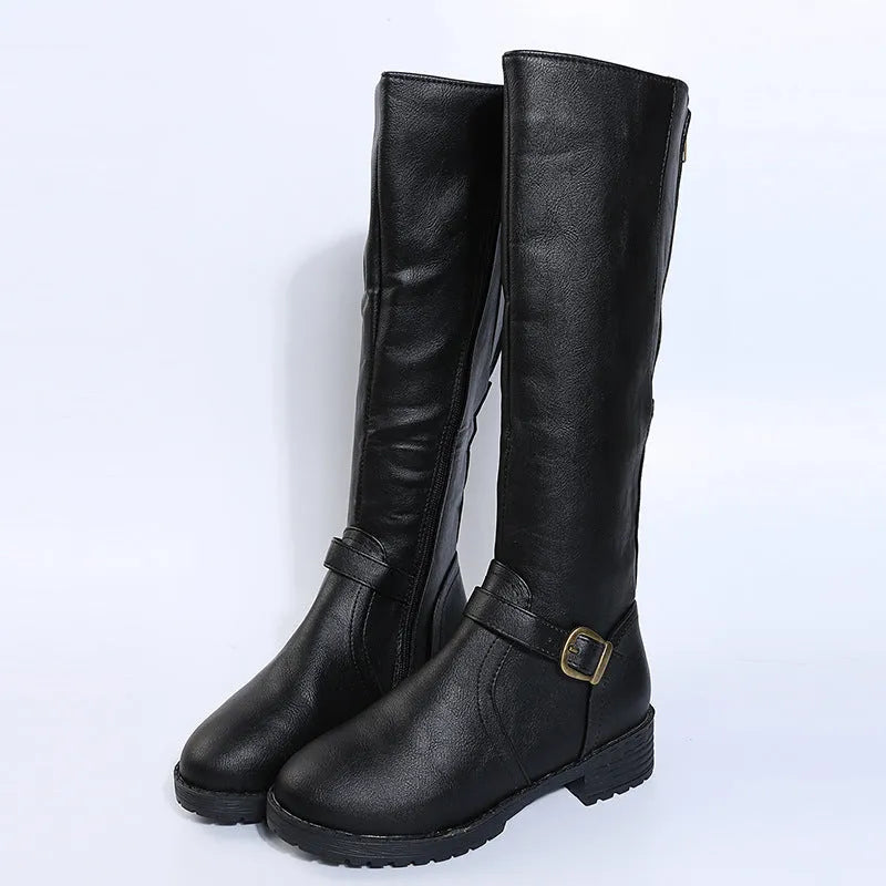 Women's black knight-style high boots with a round toe, buckle detail, and a square heel.