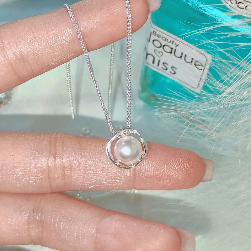 Women's rose pearl geometric circle ring line necklace with cross chain and copper electroplated finish