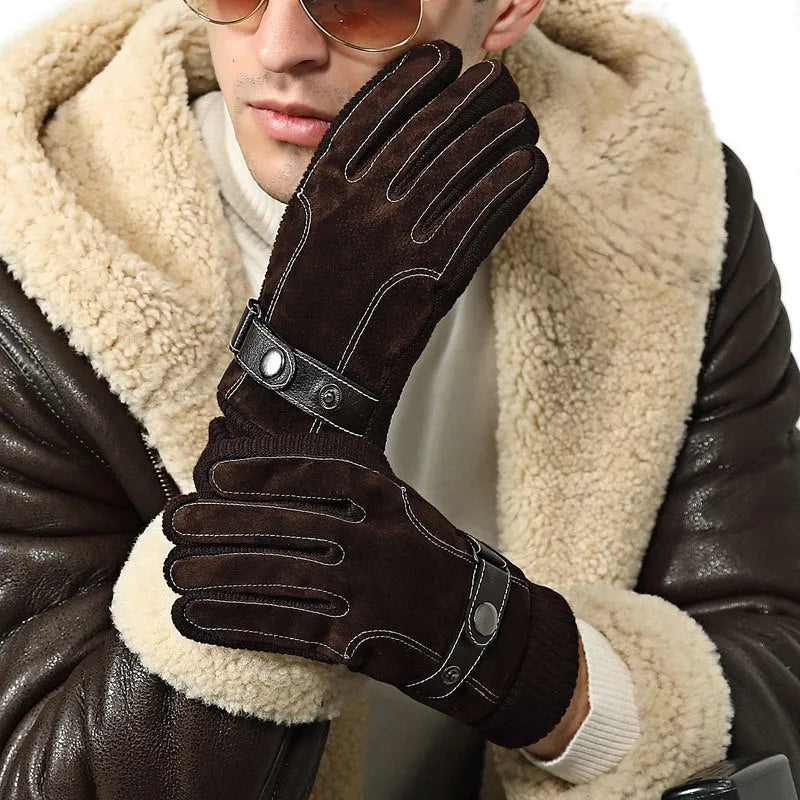 Men's genuine pigskin leather touch screen gloves in brown with fleece lining for winter warmth