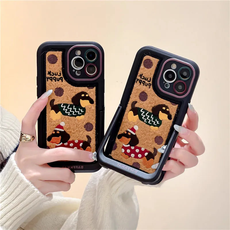 Sausage dog cartoon TPU phone case with brown bottom and sweater embroidery for iPhone