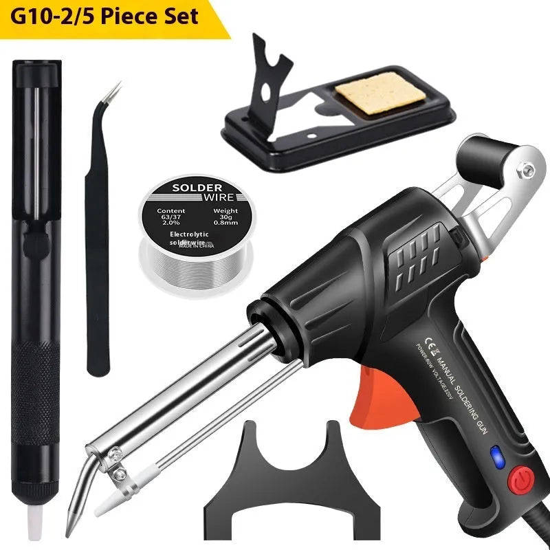 Black alloy soldering gun with light, part of a five piece set, shown with CN, EU, and US specification options.